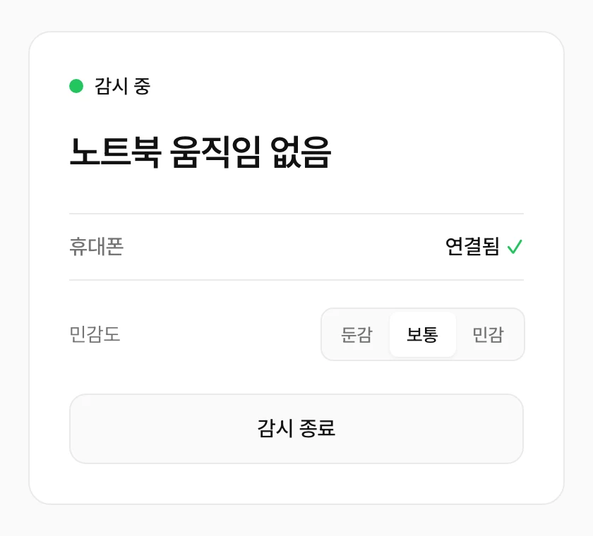 노트북 감시 중 — 움직임 없음, 민감도 선택